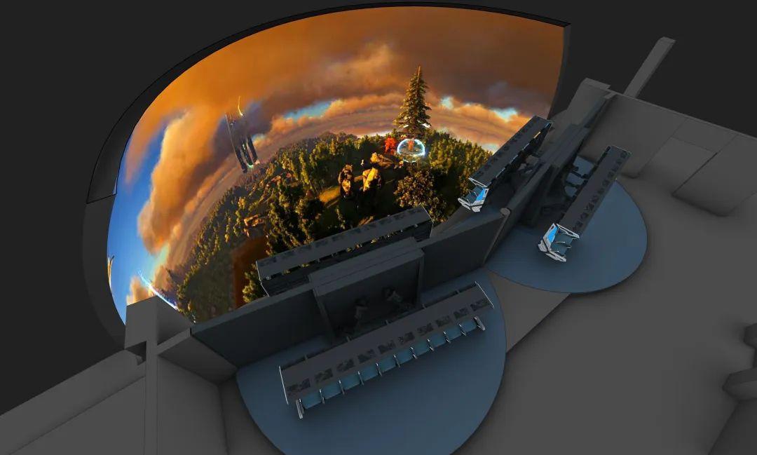 9D dome flying theater layout rendering