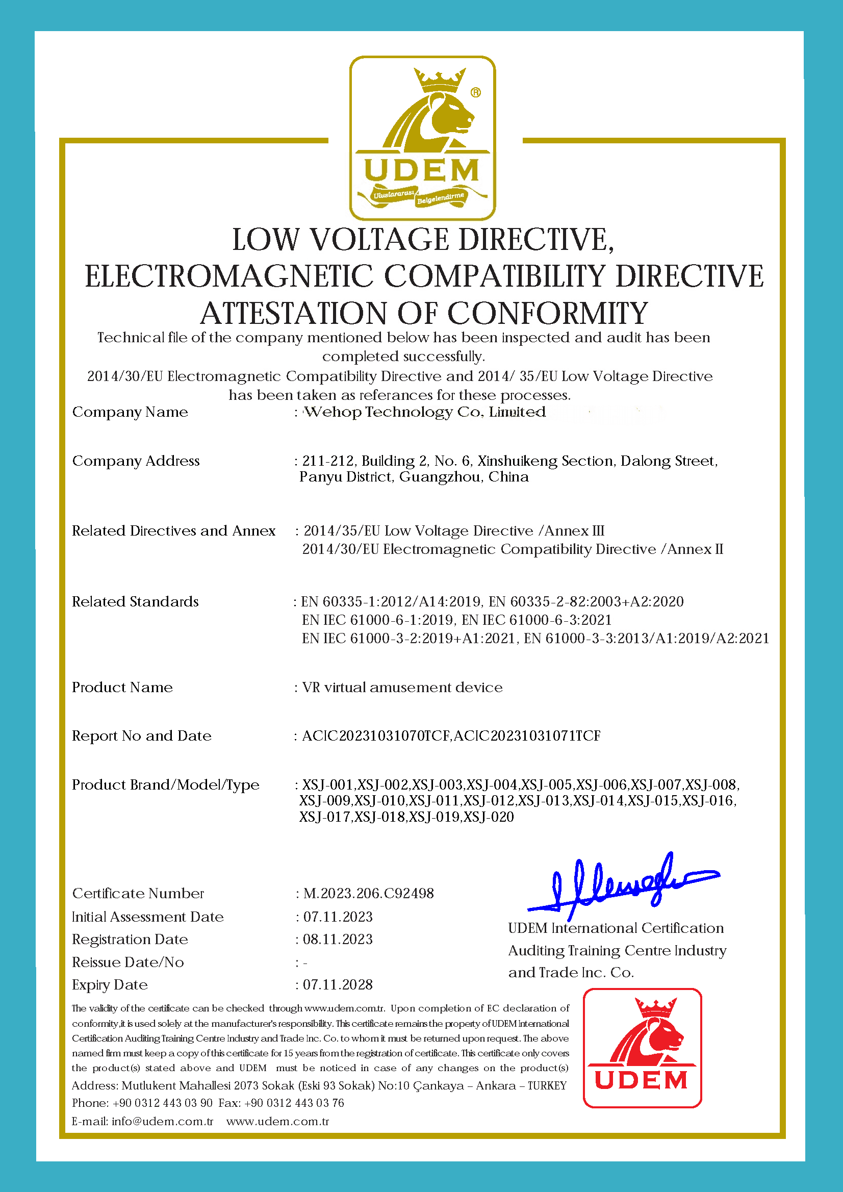 CE LVD and EMC attestation issued to Wehop Technology Co., Limited for listed VR virtual amusement device models