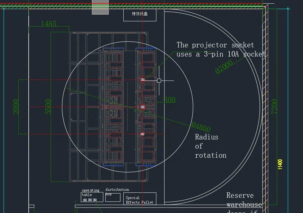Flying theater layout drawing showing projector socket and equipment clearance